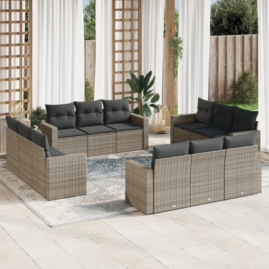 vidaXL 12-delige Loungeset met kussens poly rattan grijs vidaXL 12-delige Loungeset met kussens poly rattan grijs afbeelding 1