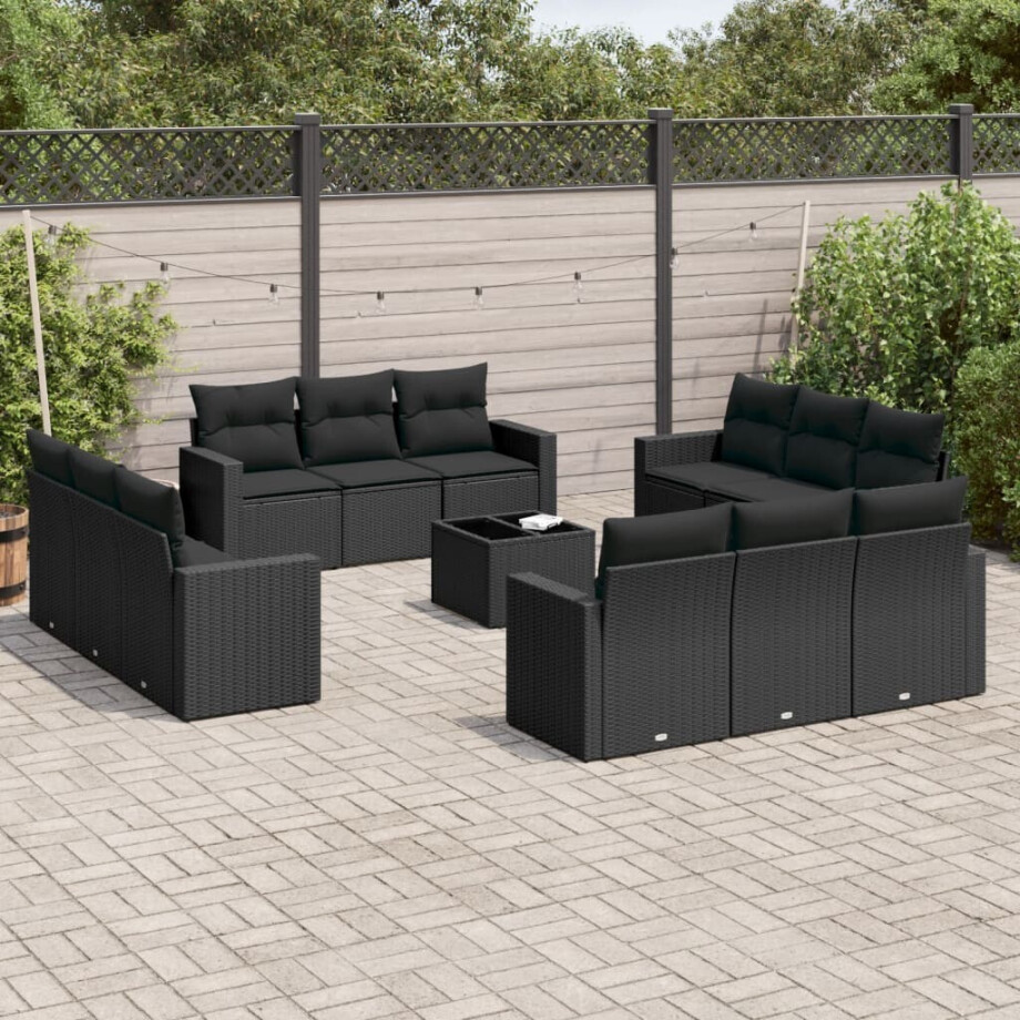vidaXL 13-delige Loungeset met kussens poly rattan zwart afbeelding 1