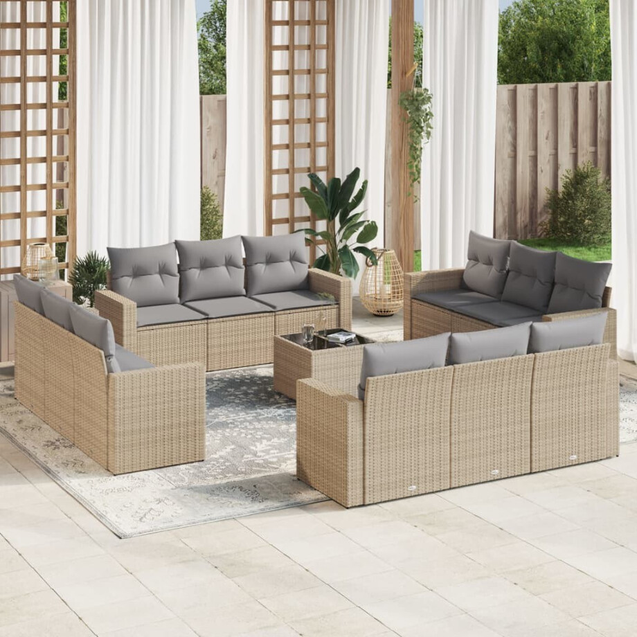 vidaXL 13-delige Loungeset met kussens poly rattan beige afbeelding 1