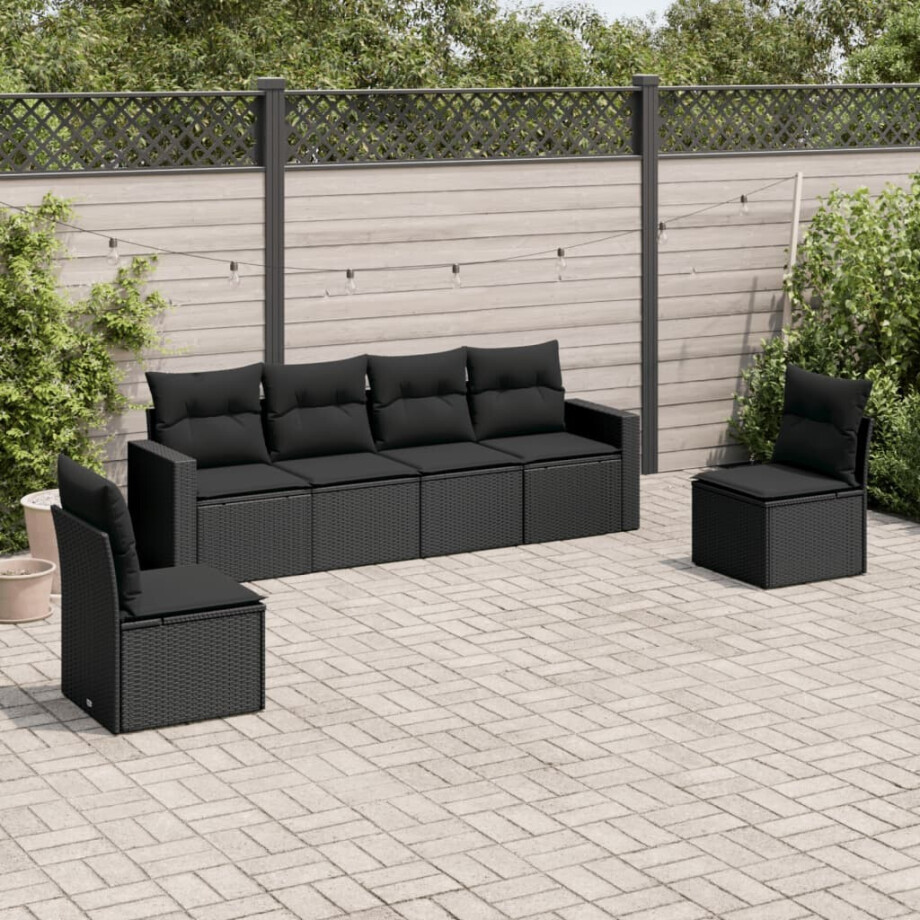 vidaXL 6-delige Loungeset met kussens poly rattan zwart afbeelding 1