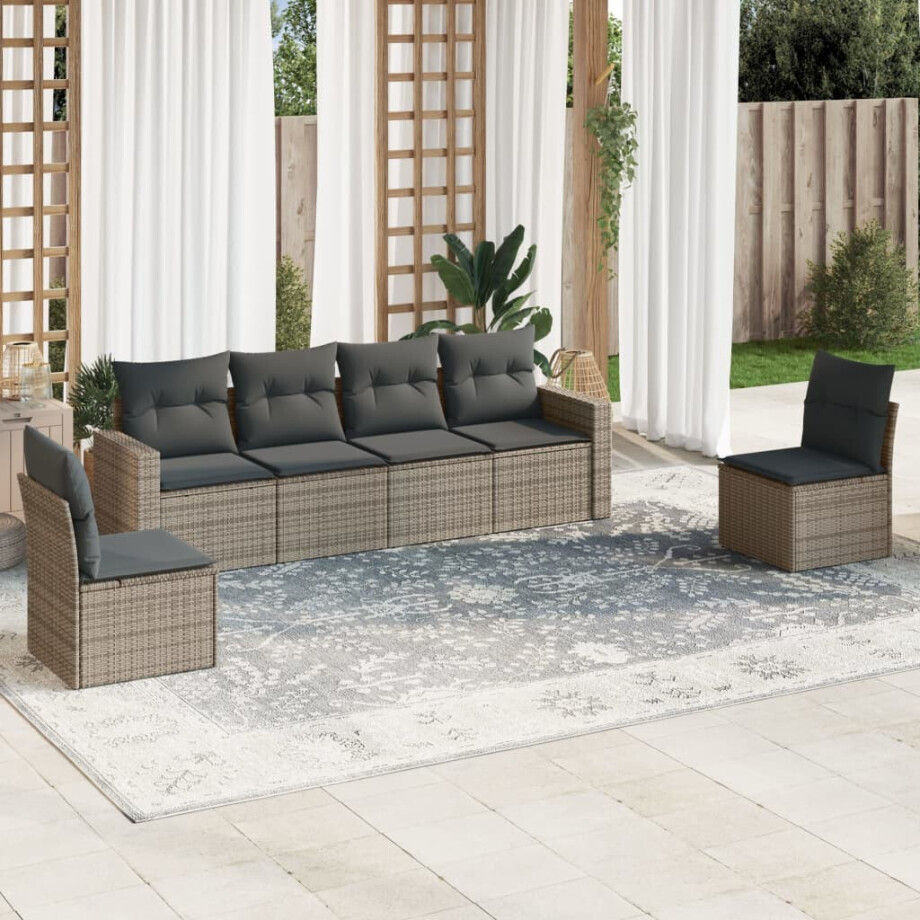 vidaXL 6-delige Loungeset met kussens poly rattan grijs afbeelding 1