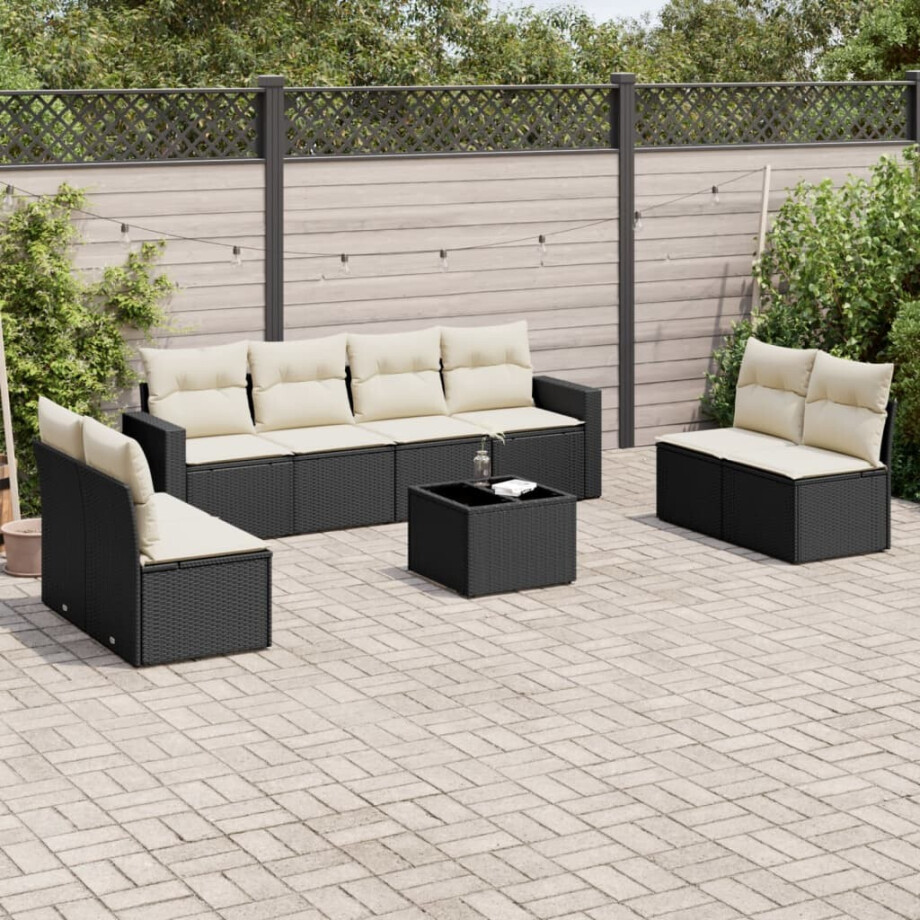 vidaXL 9-delige Loungeset met kussens poly rattan zwart vidaXL 9-delige Loungeset met kussens poly rattan zwart afbeelding 1