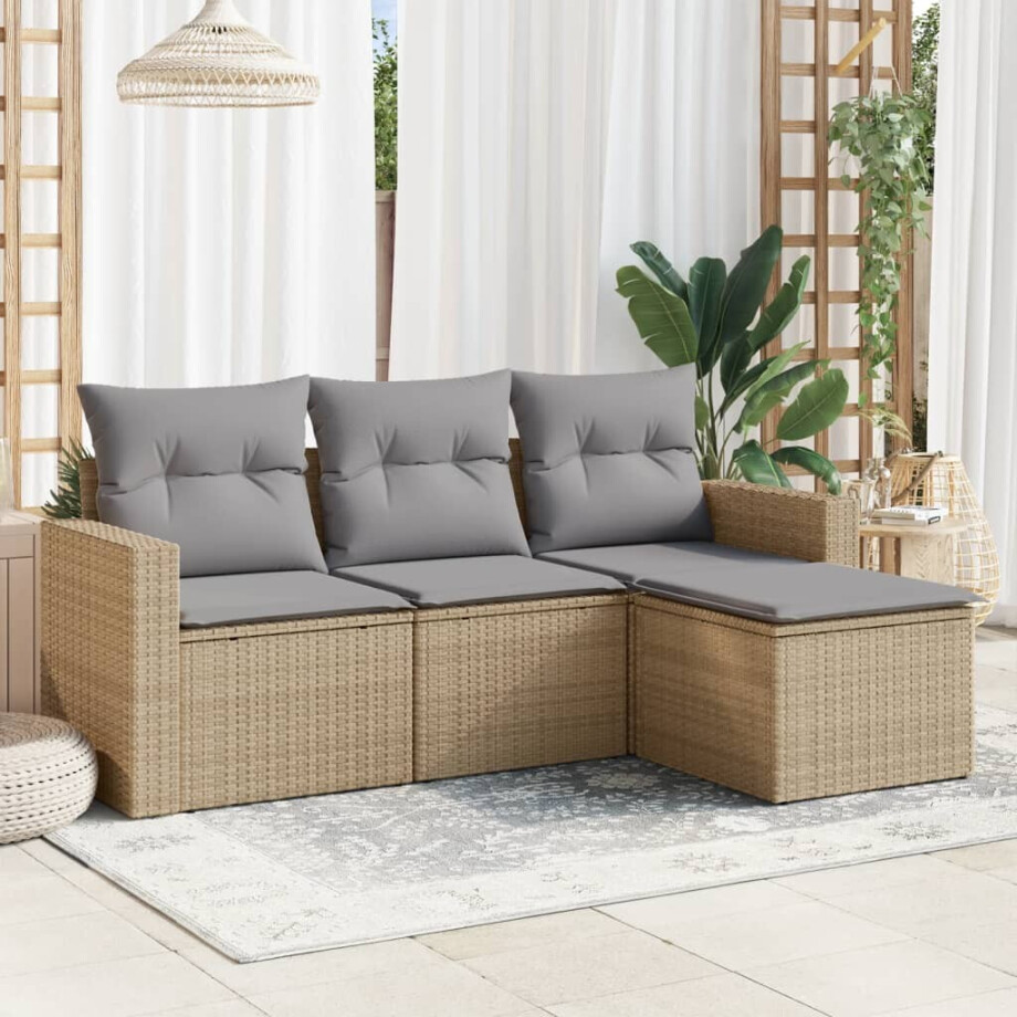 vidaXL 4-delige Loungeset met kussens poly rattan beige afbeelding 1