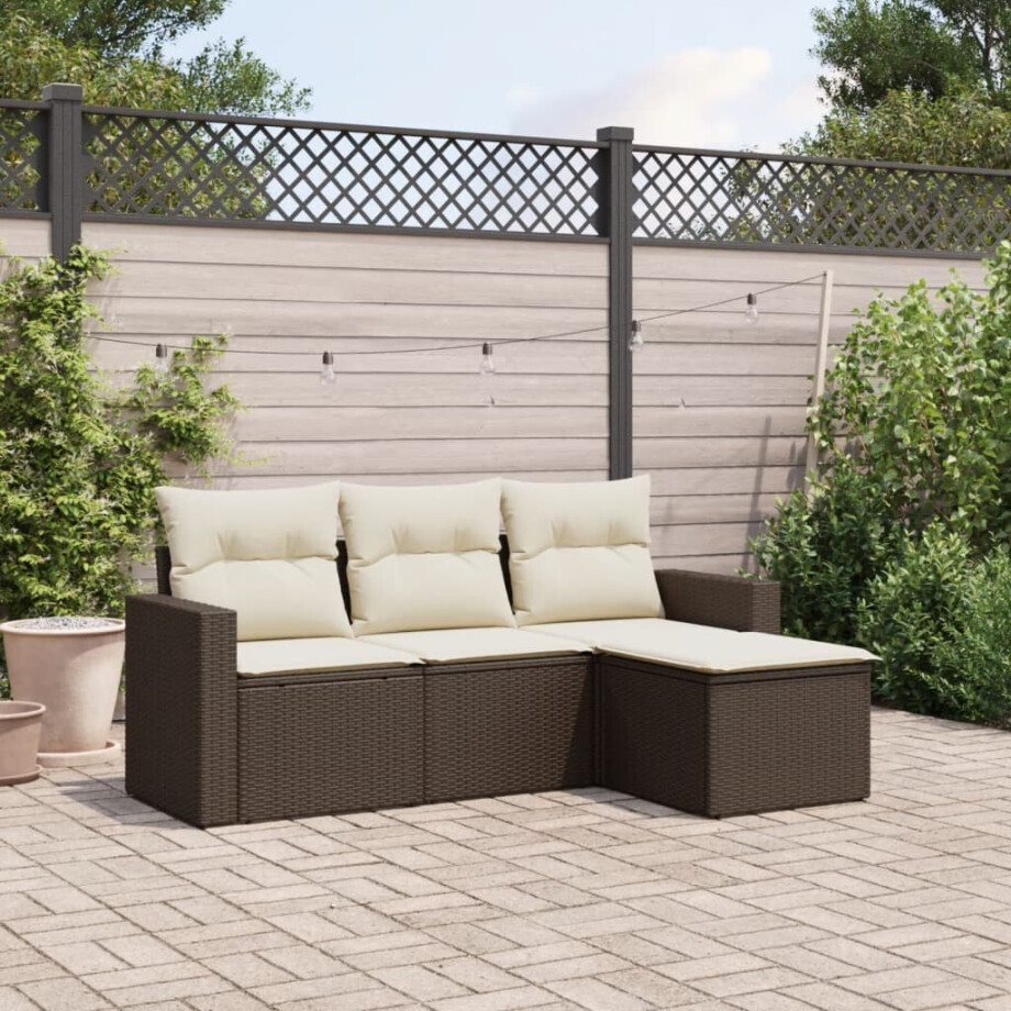 vidaXL 4-delige Loungeset met kussens poly rattan bruin afbeelding 1