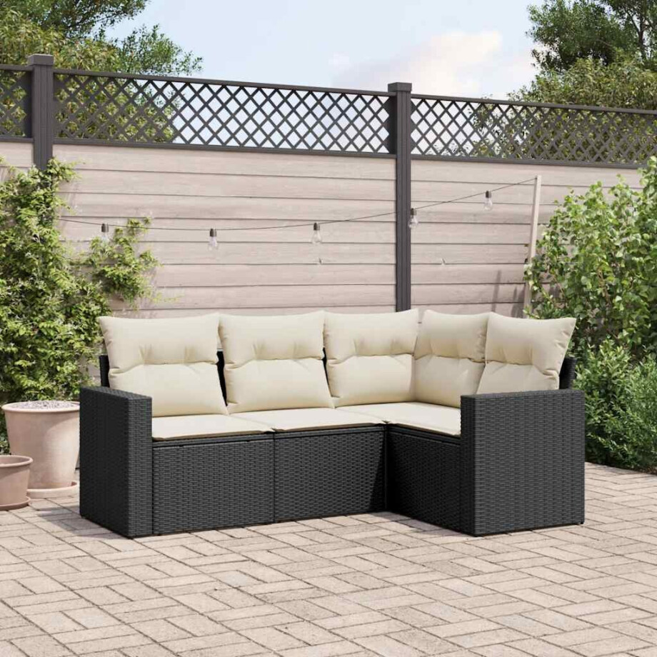 vidaXL 4-delige Loungeset met kussens poly rattan zwart afbeelding 1