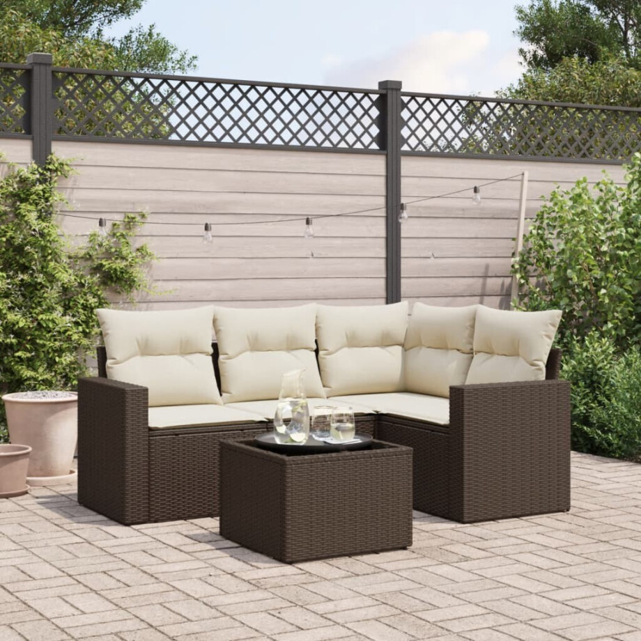 vidaXL 5-delige Loungeset met kussens poly rattan bruin afbeelding 1