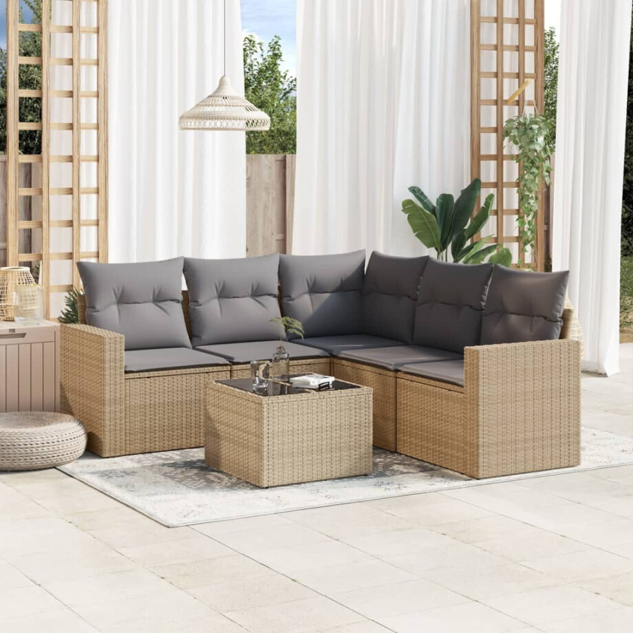 vidaXL 6-delige Loungeset met kussens poly rattan beige vidaXL 6-delige Loungeset met kussens poly rattan beige afbeelding 1