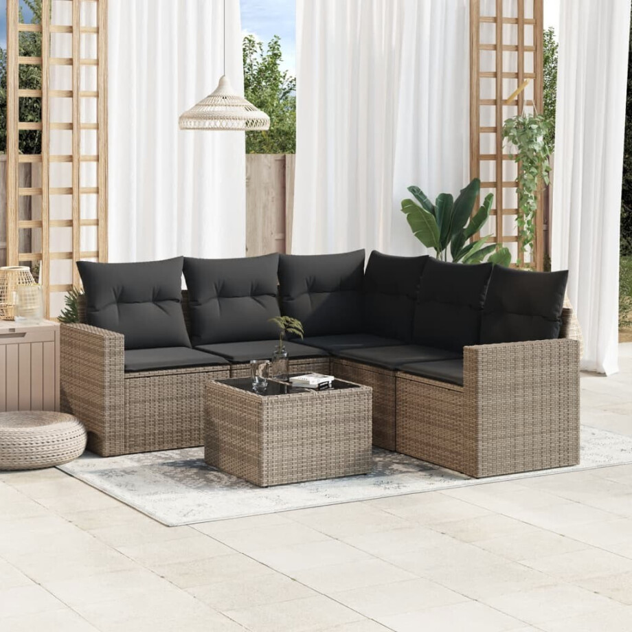 vidaXL 6-delige Loungeset met kussens poly rattan grijs afbeelding 1