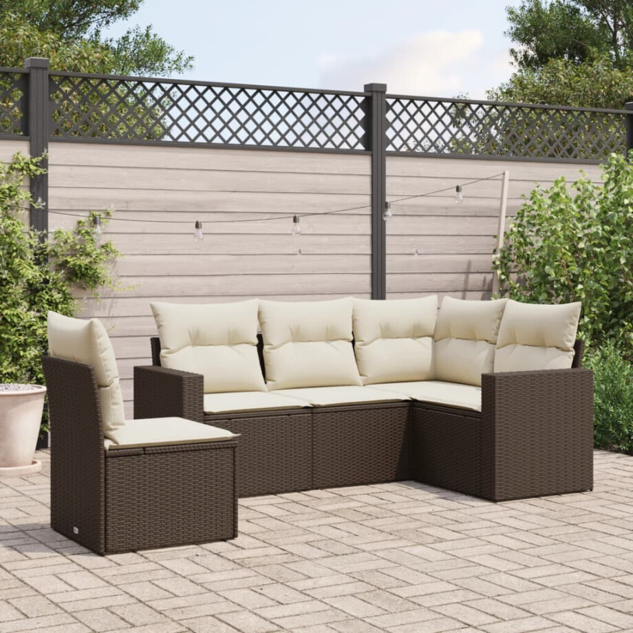 vidaXL 5-delige Loungeset met kussens poly rattan bruin vidaXL 5-delige Loungeset met kussens poly rattan bruin afbeelding 1