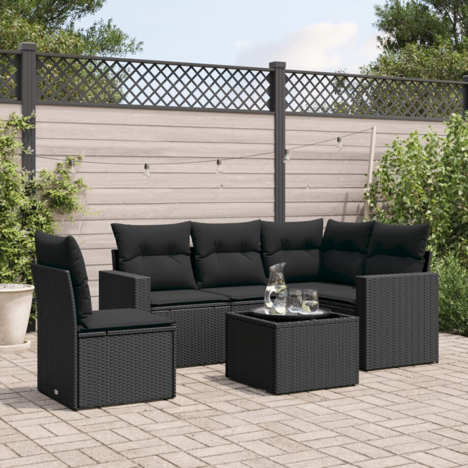 vidaXL 6-delige Loungeset met kussens poly rattan zwart afbeelding 1