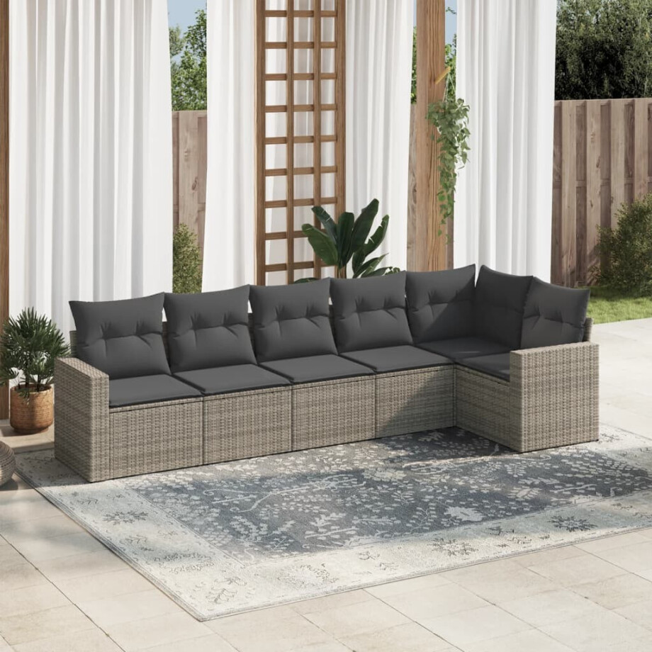 vidaXL 6-delige Loungeset met kussens poly rattan grijs afbeelding 1