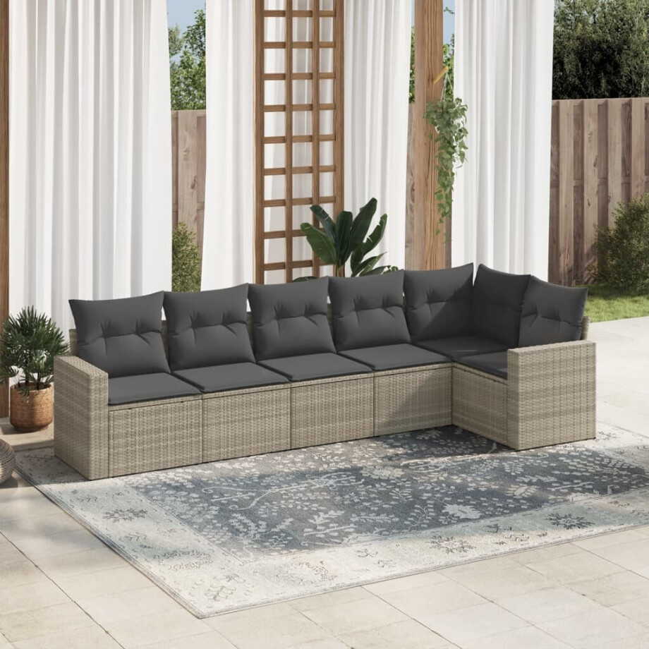 vidaXL 6-delige Loungeset met kussens poly rattan lichtgrijs afbeelding 1