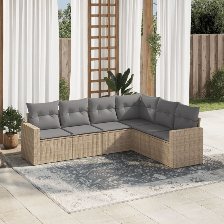 vidaXL 6-delige Loungeset met kussens poly rattan beige vidaXL 6-delige Loungeset met kussens poly rattan beige afbeelding 1