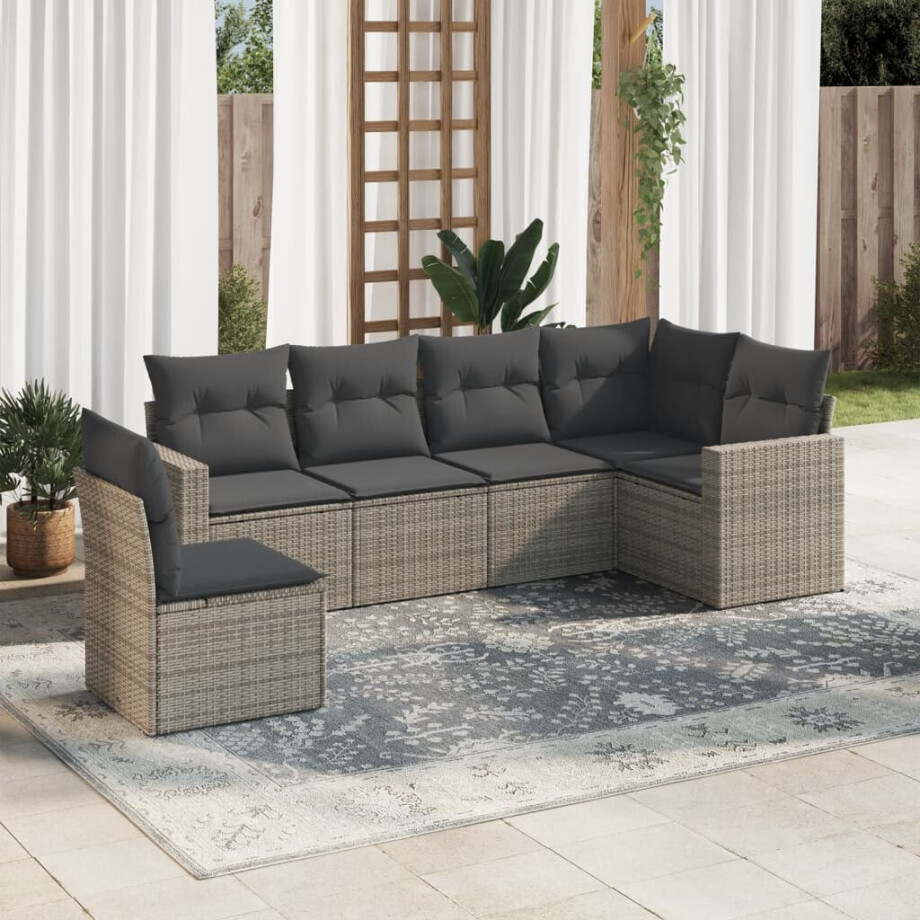 vidaXL 6-delige Loungeset met kussens poly rattan grijs afbeelding 1