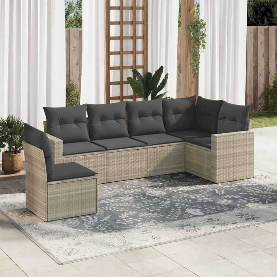 vidaXL 6-delige Loungeset met kussens poly rattan lichtgrijs afbeelding 1
