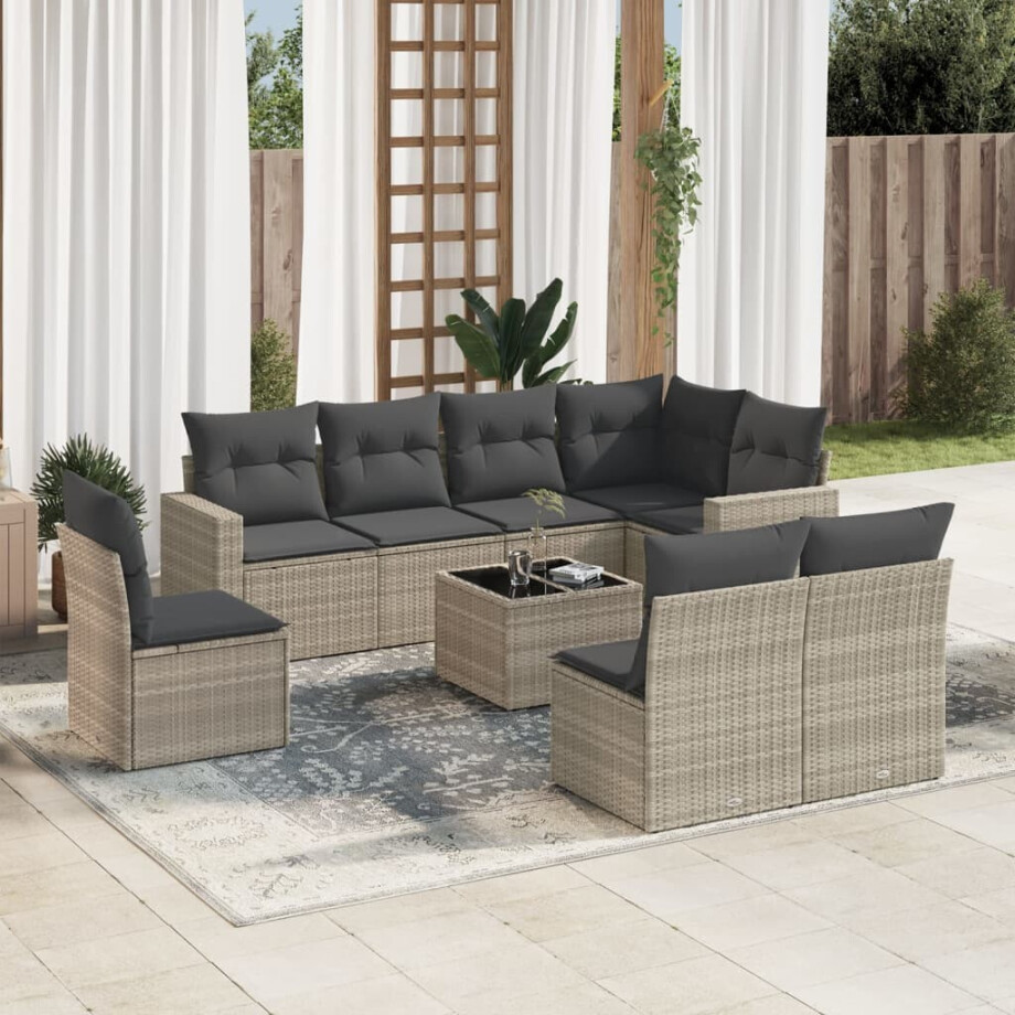 vidaXL 9-delige Loungeset met kussens poly rattan lichtgrijs afbeelding 1