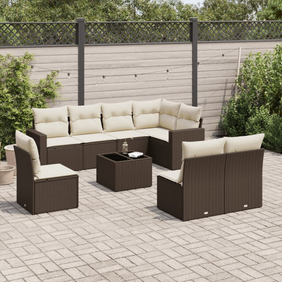 vidaXL 9-delige Loungeset met kussens poly rattan bruin afbeelding 1