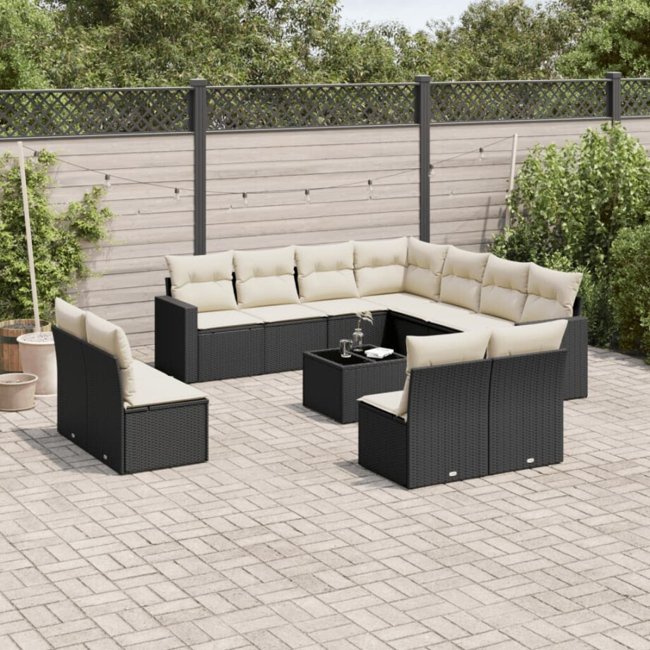 vidaXL 12-delige Loungeset met kussens poly rattan zwart afbeelding 1