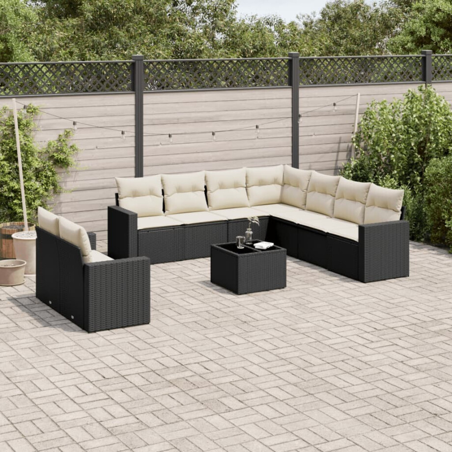 vidaXL 10-delige Loungeset met kussens poly rattan zwart afbeelding 1