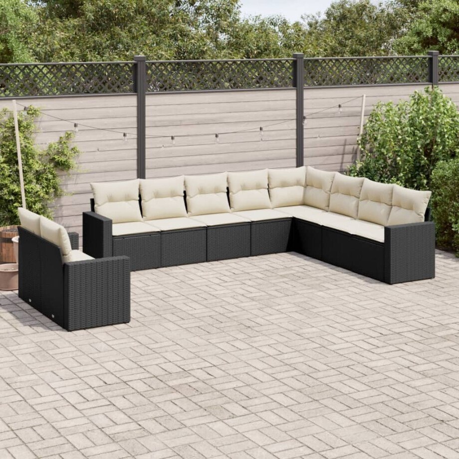 vidaXL 10-delige Loungeset met kussens poly rattan zwart afbeelding 1