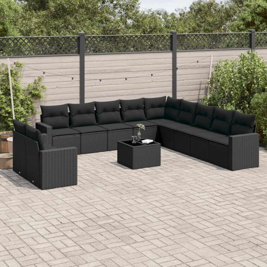 vidaXL 12-delige Loungeset met kussens poly rattan zwart vidaXL 12-delige Loungeset met kussens poly rattan zwart afbeelding 1