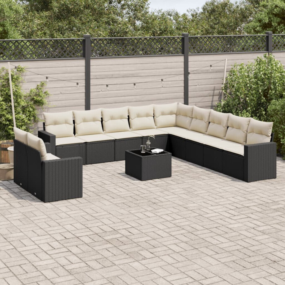 vidaXL 12-delige Loungeset met kussens poly rattan zwart vidaXL 12-delige Loungeset met kussens poly rattan zwart afbeelding 1