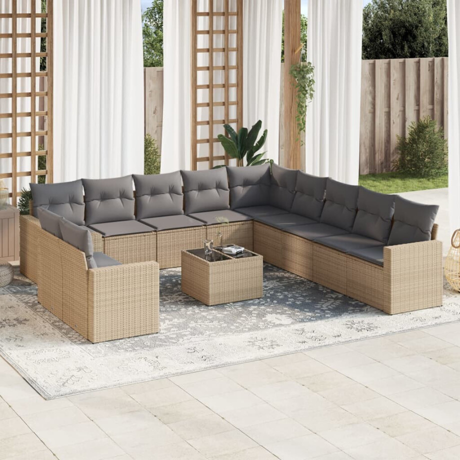 vidaXL 12-delige Loungeset met kussens poly rattan beige vidaXL 12-delige Loungeset met kussens poly rattan beige afbeelding 1