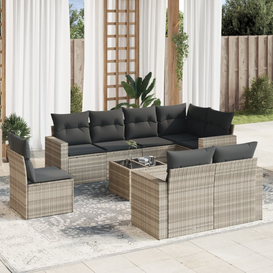 vidaXL 9-delige Loungeset met kussens poly rattan lichtgrijs afbeelding 1