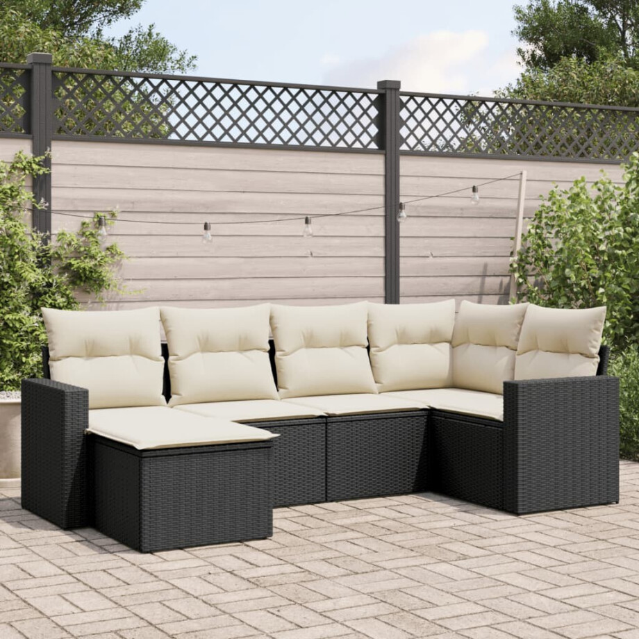vidaXL 6-delige Loungeset met kussens poly rattan zwart afbeelding 1