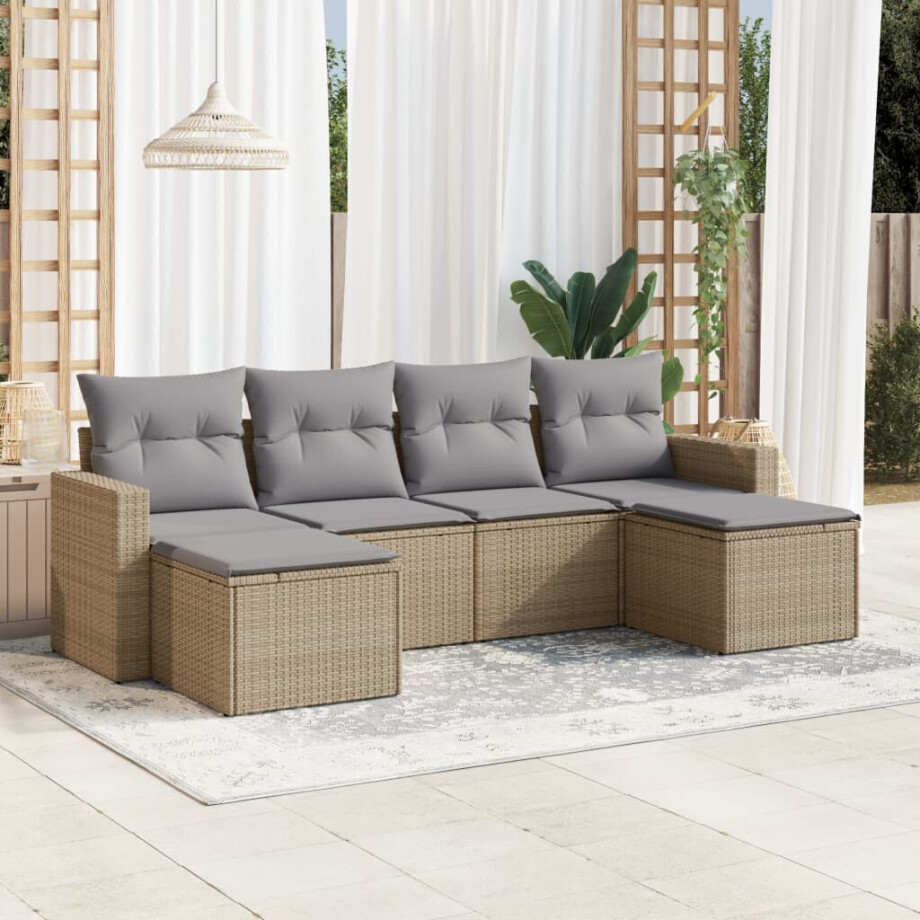vidaXL 6-delige Loungeset met kussens poly rattan beige vidaXL 6-delige Loungeset met kussens poly rattan beige afbeelding 1