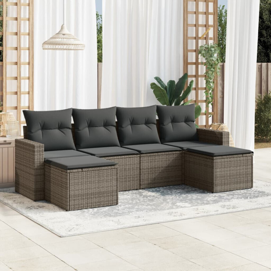 vidaXL 6-delige Loungeset met kussens poly rattan grijs afbeelding 1