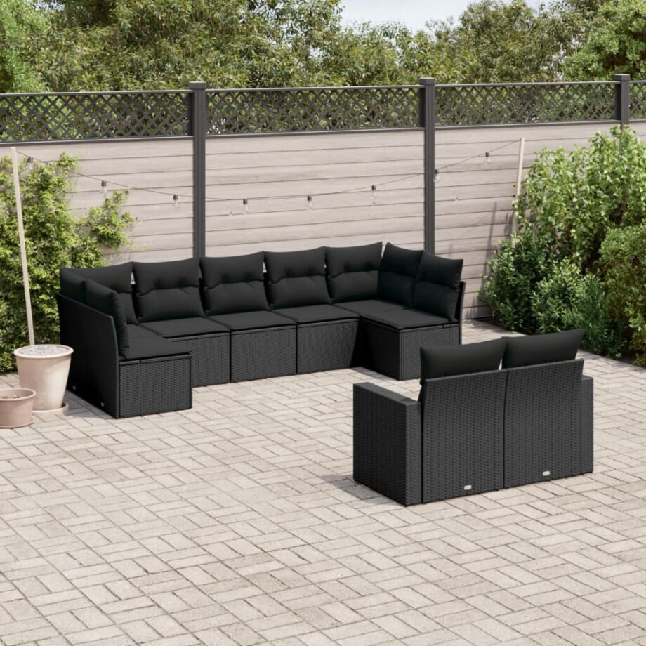vidaXL 9-delige Loungeset met kussens poly rattan zwart vidaXL 9-delige Loungeset met kussens poly rattan zwart afbeelding 1