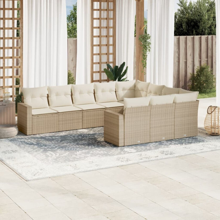 vidaXL 10-delige Loungeset met kussens poly rattan beige vidaXL 10-delige Loungeset met kussens poly rattan beige afbeelding 1