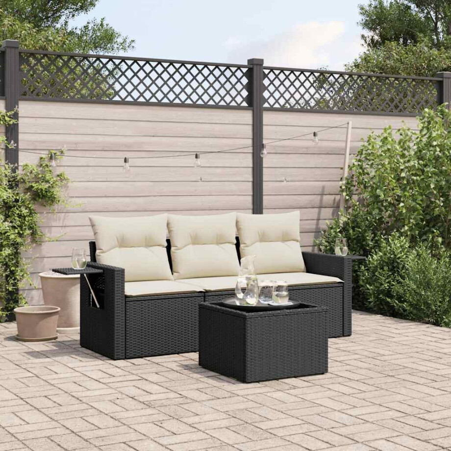 vidaXL 4-delige Loungeset met kussens poly rattan zwart vidaXL 4-delige Loungeset met kussens poly rattan zwart afbeelding 1
