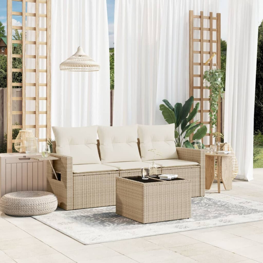vidaXL 4-delige Loungeset met kussens poly rattan beige afbeelding 1