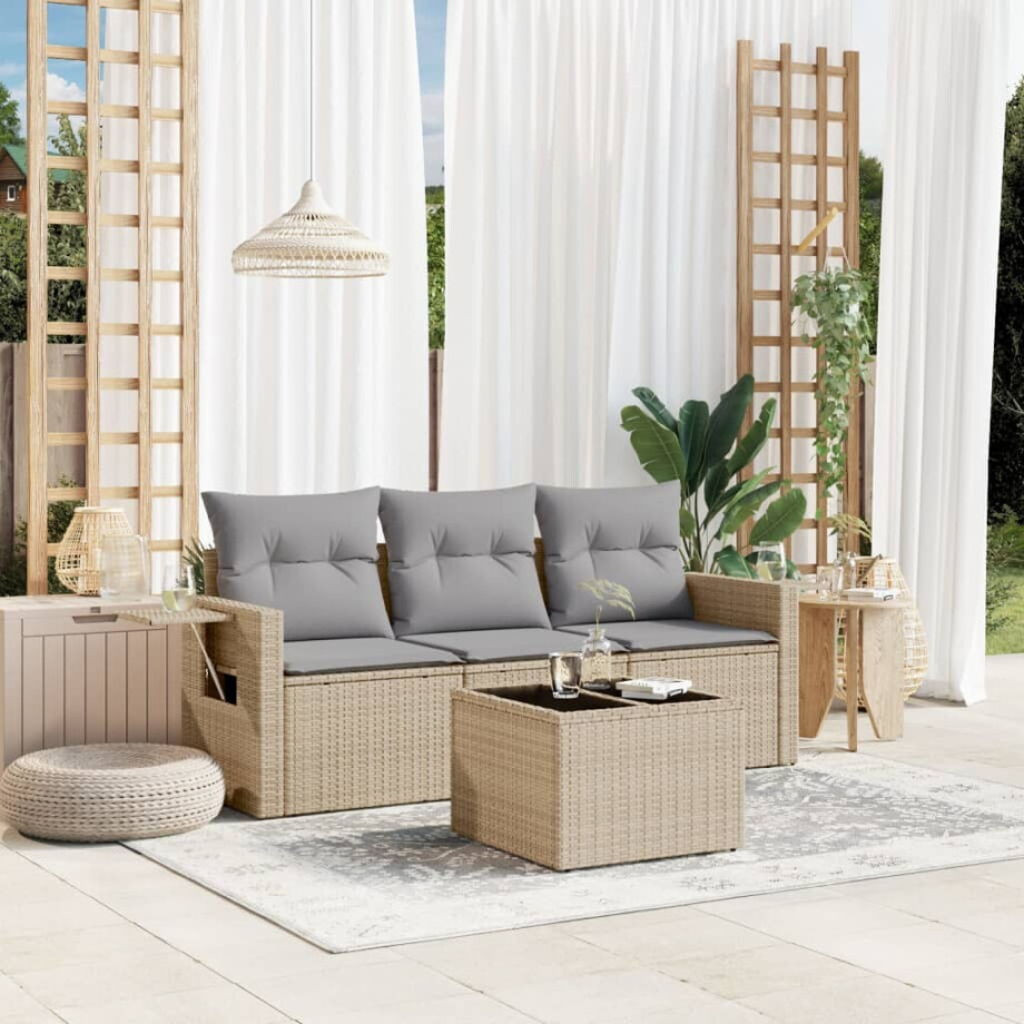 vidaXL 4-delige Loungeset met kussens poly rattan beige afbeelding 1