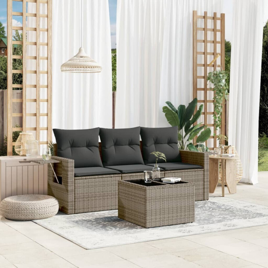 vidaXL 4-delige Loungeset met kussens poly rattan grijs afbeelding 1