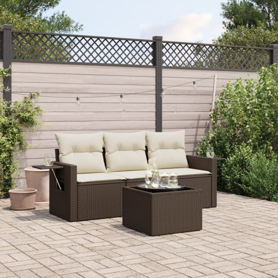 vidaXL 4-delige Loungeset met kussens poly rattan bruin afbeelding 1
