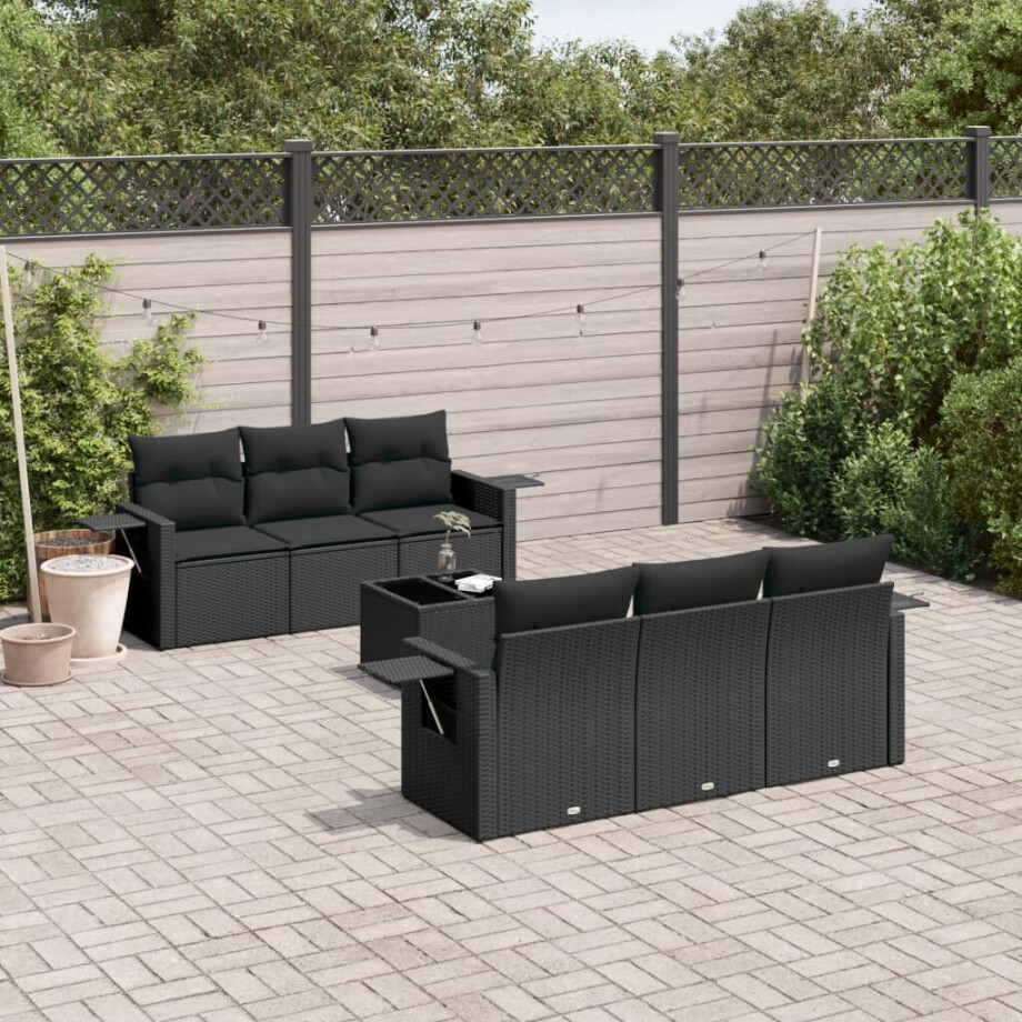 vidaXL 7-delige Loungeset met kussens poly rattan zwart vidaXL 7-delige Loungeset met kussens poly rattan zwart afbeelding 1