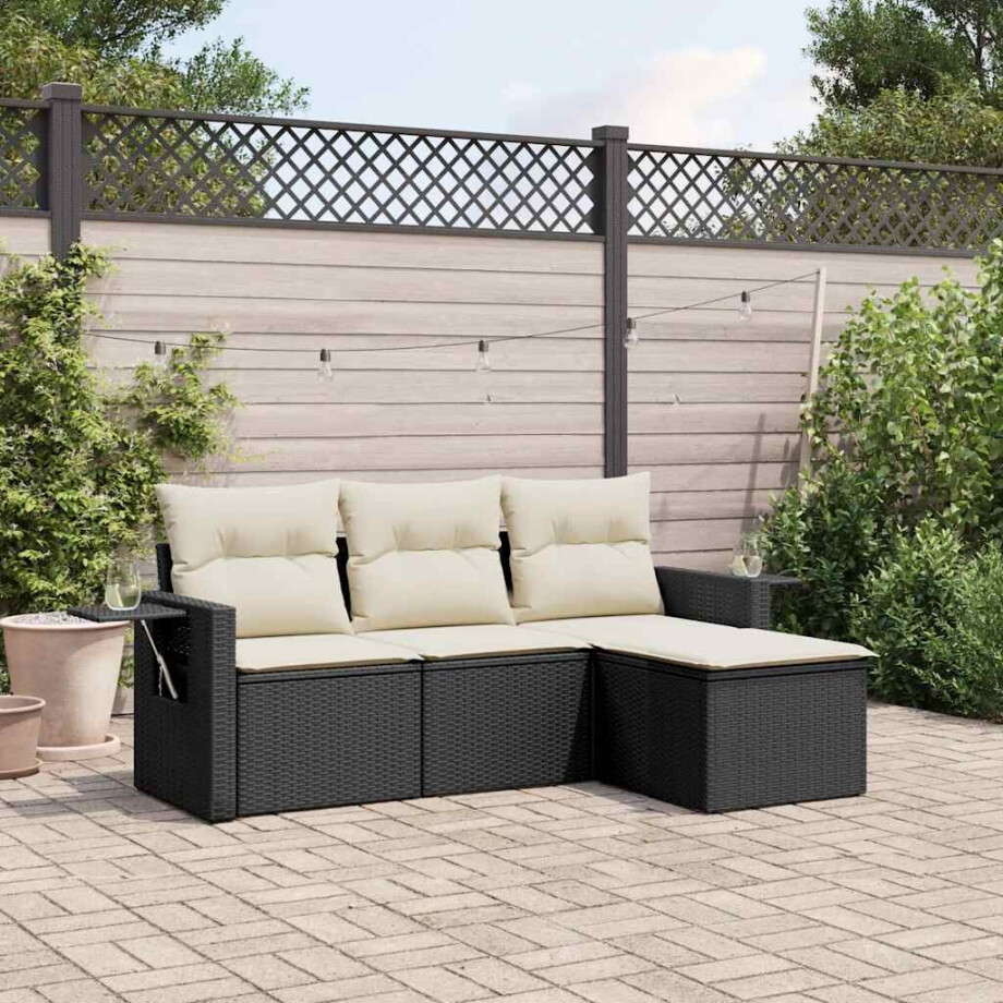 vidaXL 4-delige Loungeset met kussens poly rattan zwart afbeelding 1