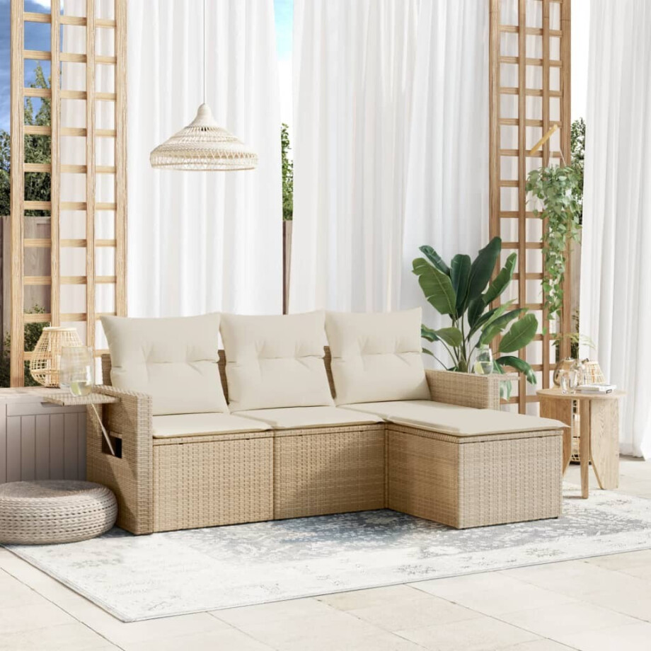 vidaXL 4-delige Loungeset met kussens poly rattan beige afbeelding 1