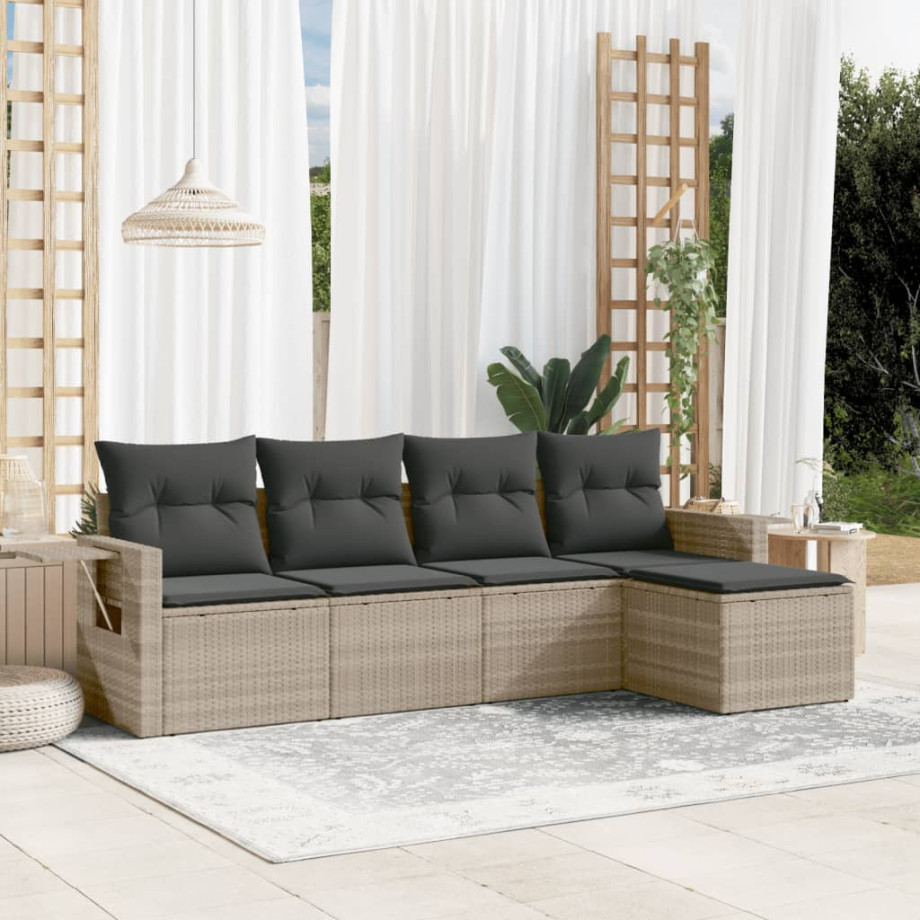 vidaXL 5-delige Loungeset met kussens poly rattan lichtgrijs afbeelding 1