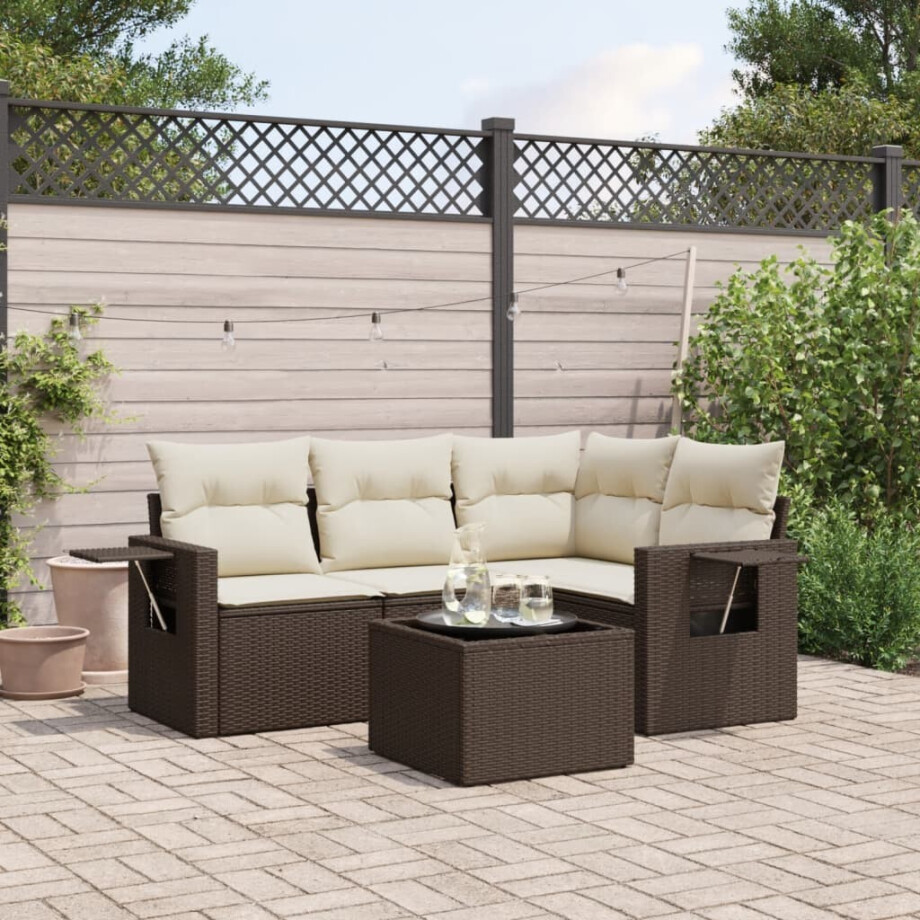 vidaXL 5-delige Loungeset met kussens poly rattan bruin afbeelding 1