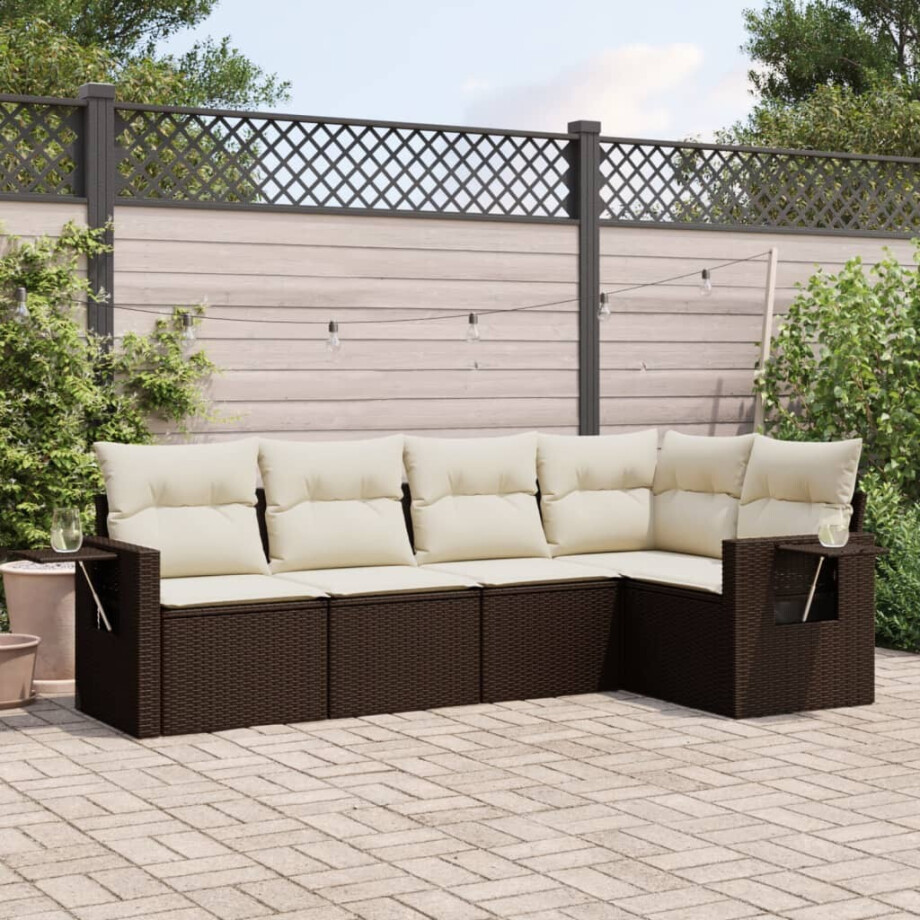 vidaXL 5-delige Loungeset met kussens poly rattan bruin afbeelding 1