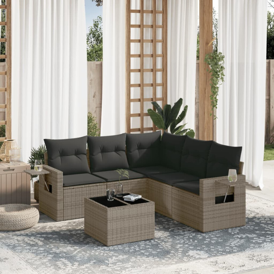 vidaXL 6-delige Loungeset met kussens poly rattan grijs afbeelding 1