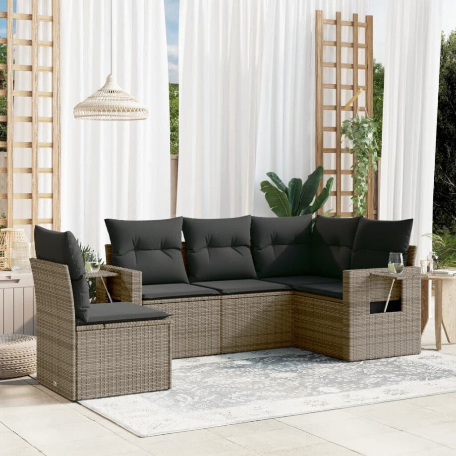 vidaXL 5-delige tuinbankset met kussens grijs poly rattan vidaXL 5-delige tuinbankset met kussens grijs poly rattan afbeelding 1