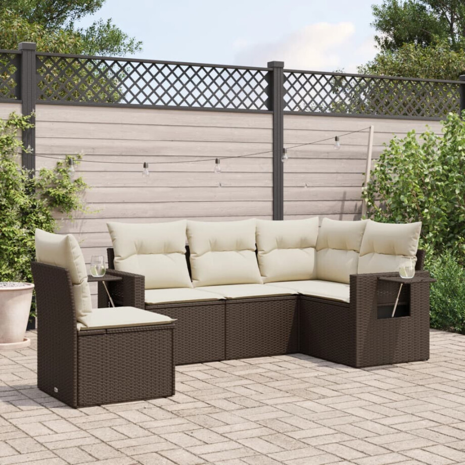 vidaXL 5-delige Loungeset met kussens poly rattan bruin afbeelding 1