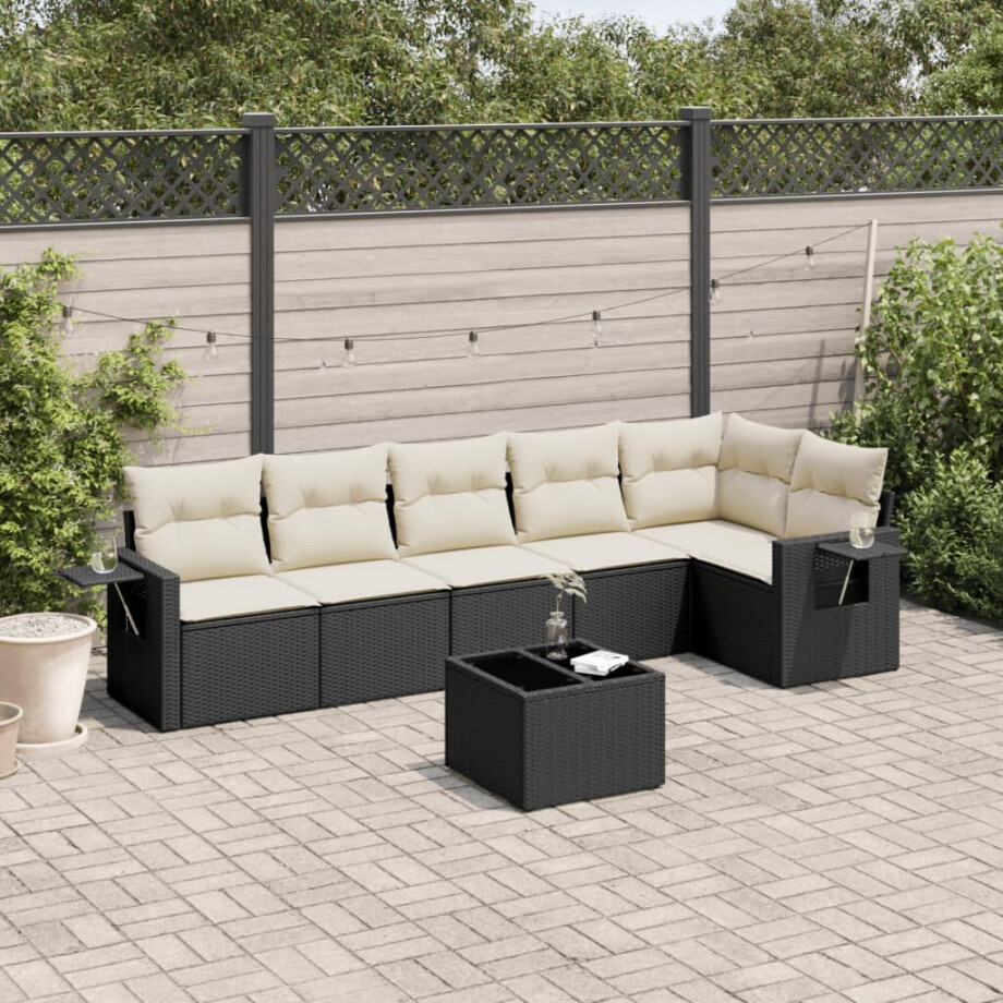 vidaXL 7-delige Loungeset met kussens poly rattan zwart afbeelding 1
