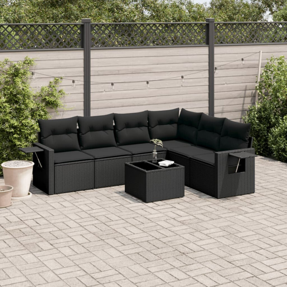 vidaXL 7-delige Loungeset met kussens poly rattan zwart vidaXL 7-delige Loungeset met kussens poly rattan zwart afbeelding 1