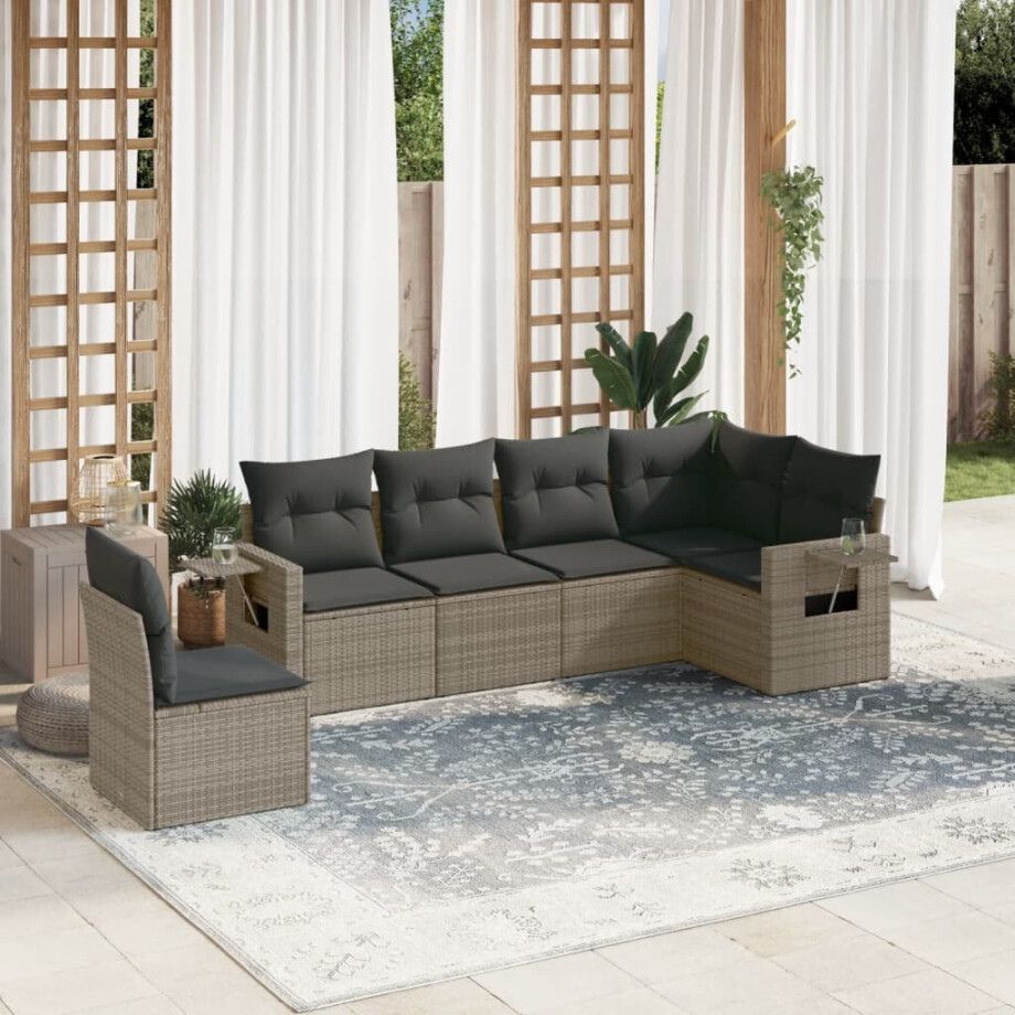 vidaXL 6-delige Loungeset met kussens poly rattan grijs afbeelding 1